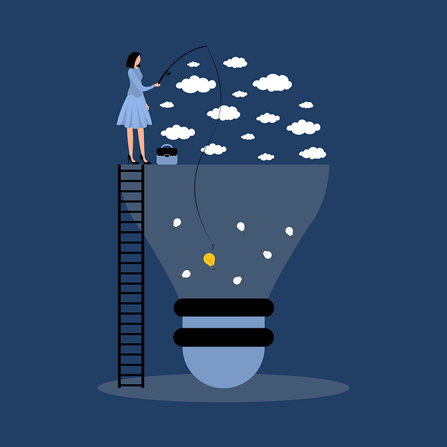 Högpresterande team kräver en idévänlig kultur. Kreativ illustration med en kollega som fiskar upp en glödlampa.